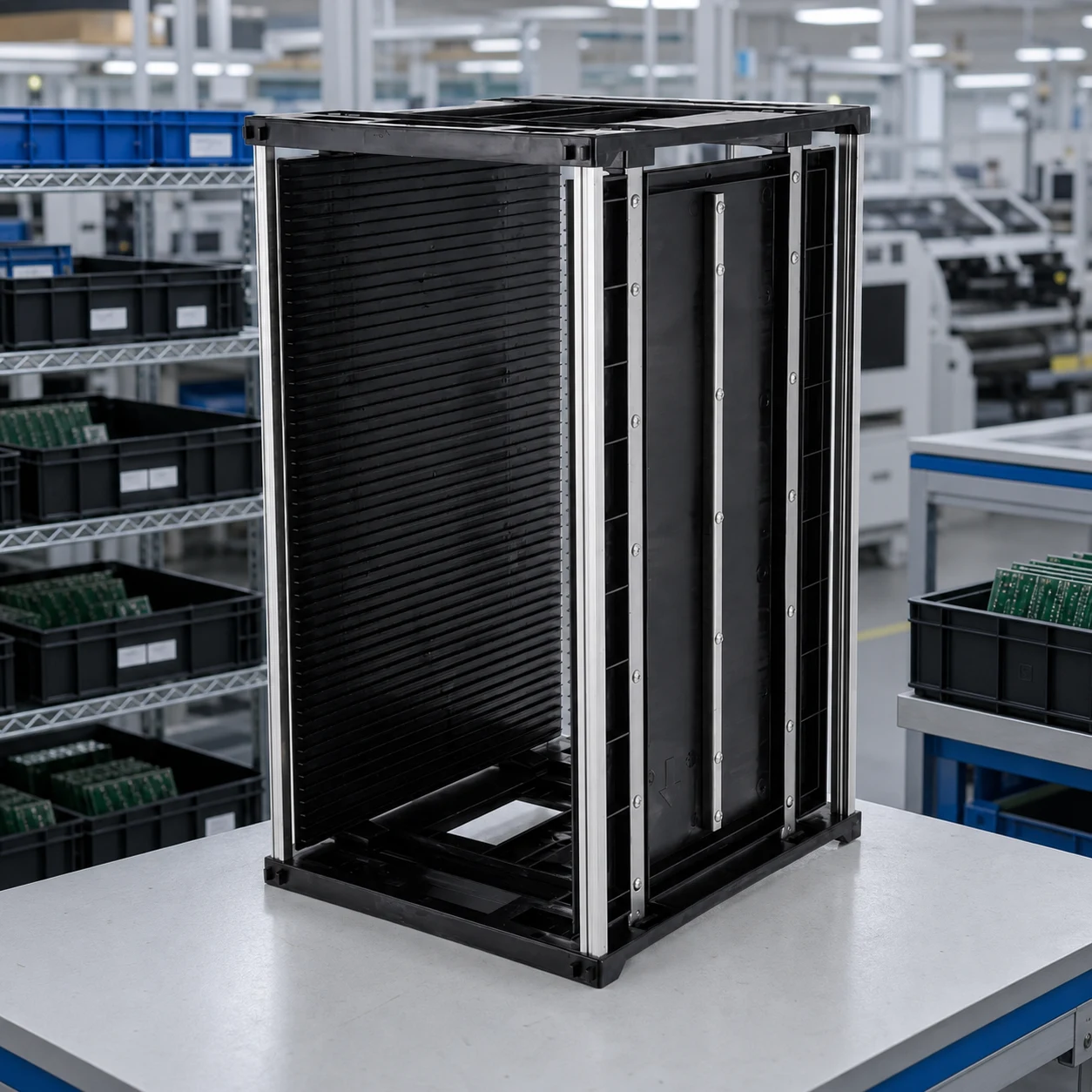 Sanwei esd_magazine_rack — official product photo with illustrative scene background (not a real site photo)
