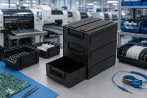 Stackable ESD component bins staged at an SMT workstation — official product photo with illustrative background (not a real site photo)