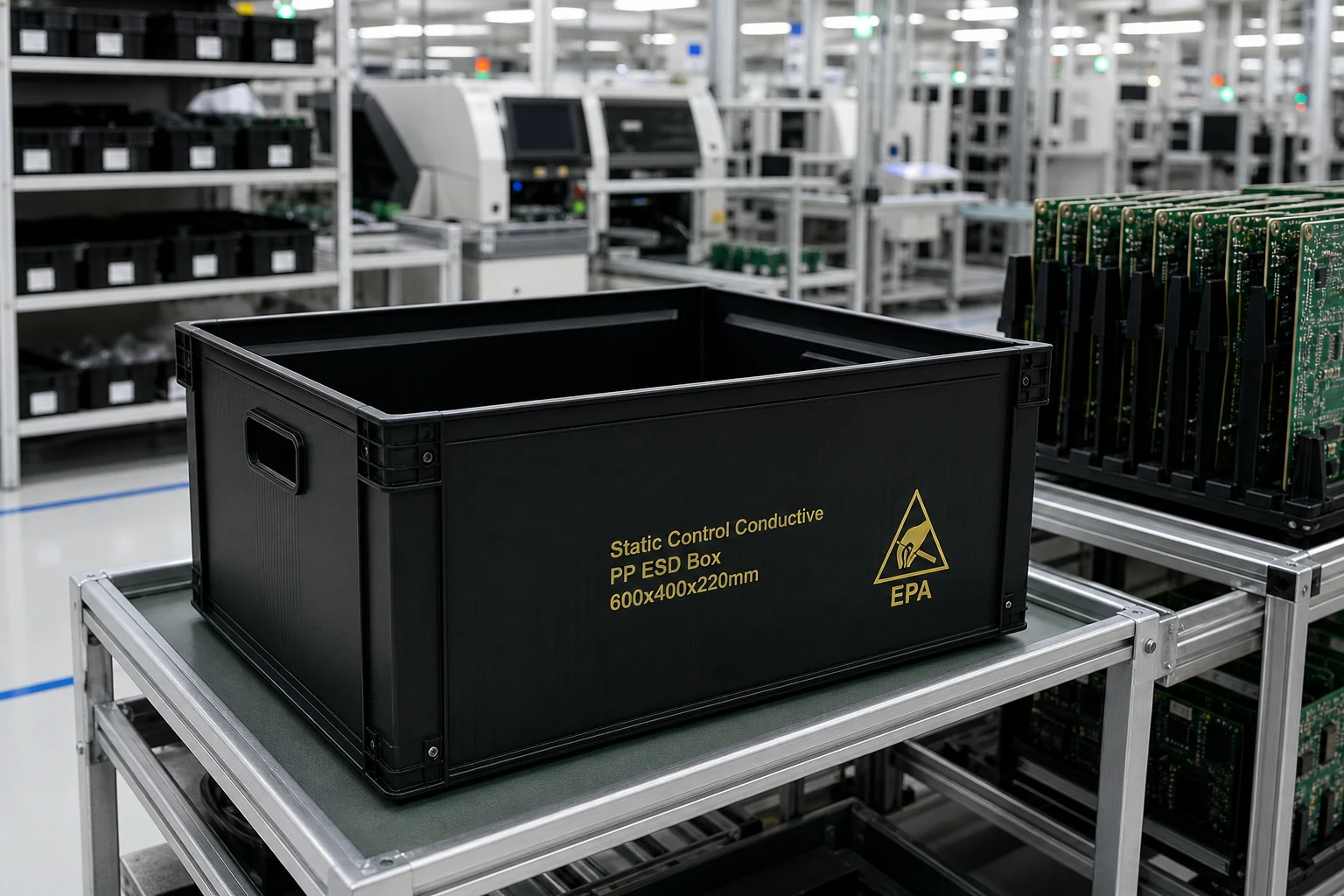 Conductive PP Box — Sanwei official product with illustrative EPA/SMT background (not a real site photo)