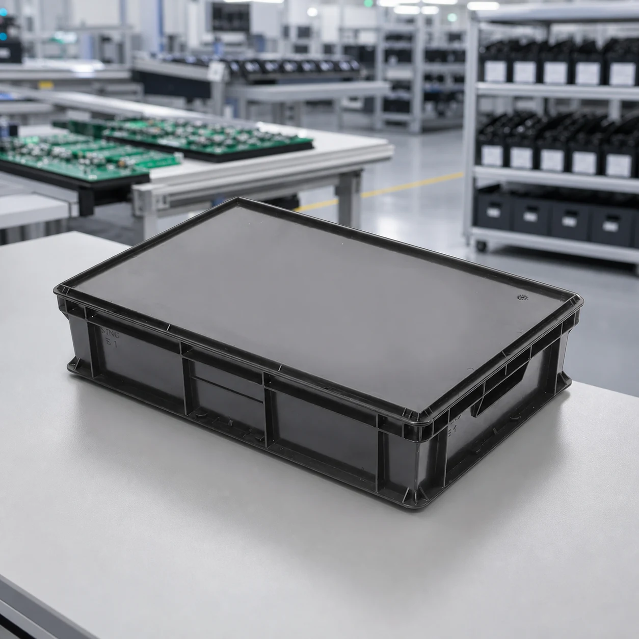 Sanwei conductive PP box EPA staging view - review dissipative-coatings-packaging-surfaces