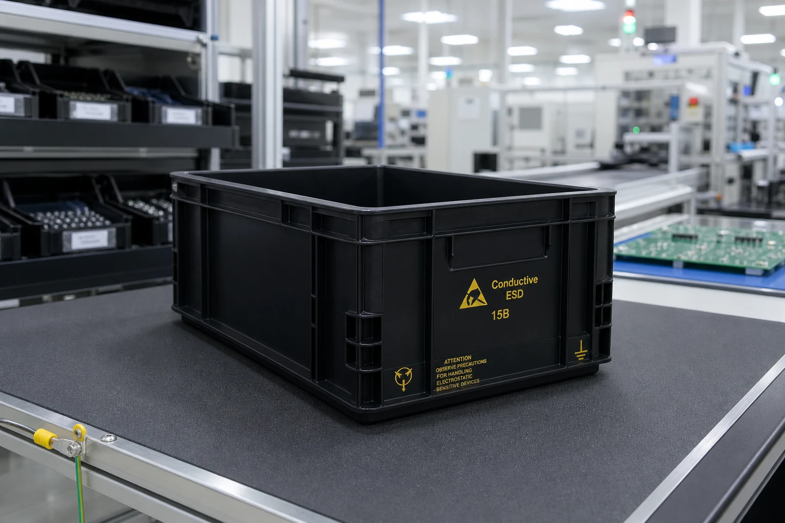 Conductive PP box EPA staging concept illustration (not a product photo)