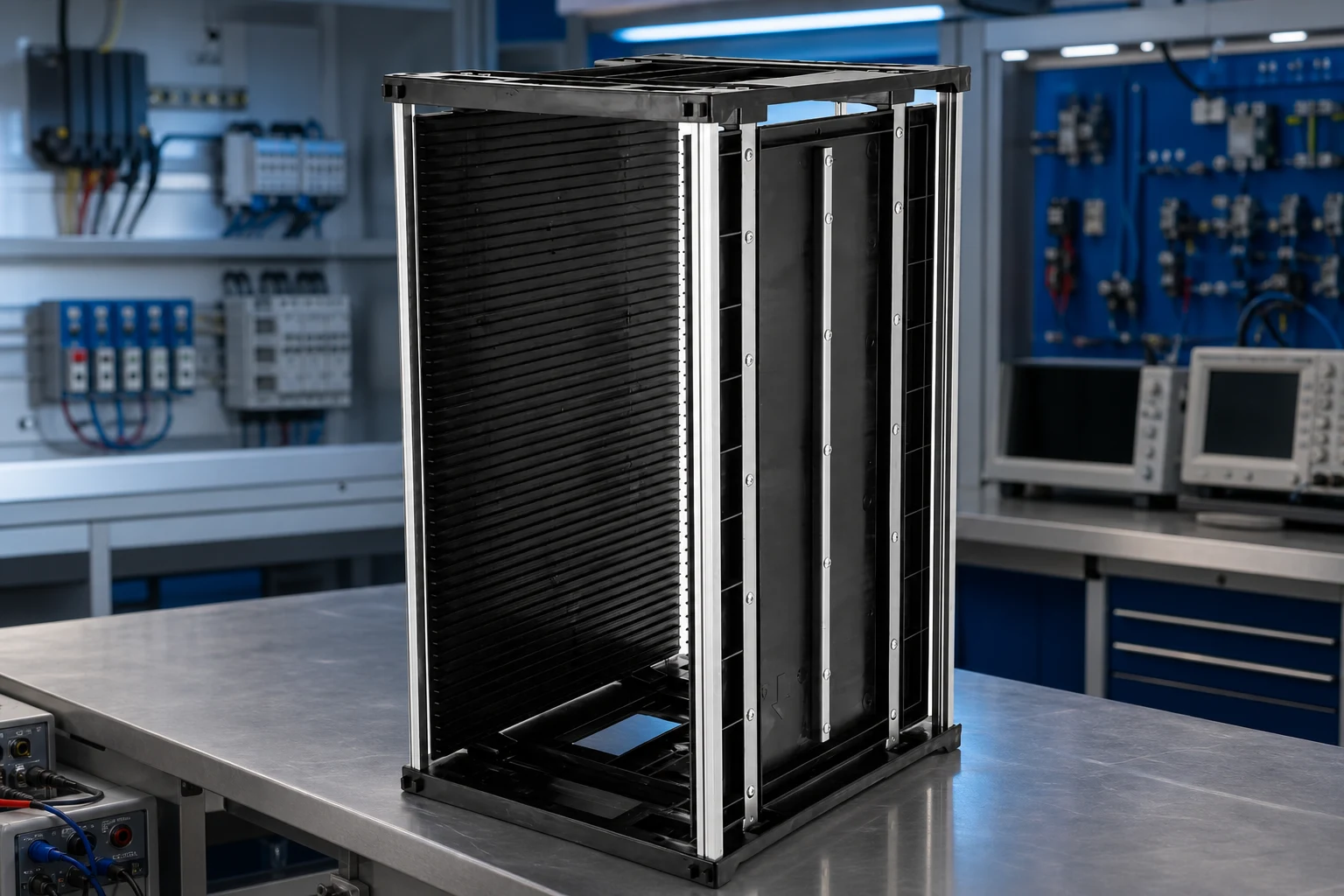 Sanwei esd_magazine_rack — official product photo with illustrative scene background (not a real site photo)