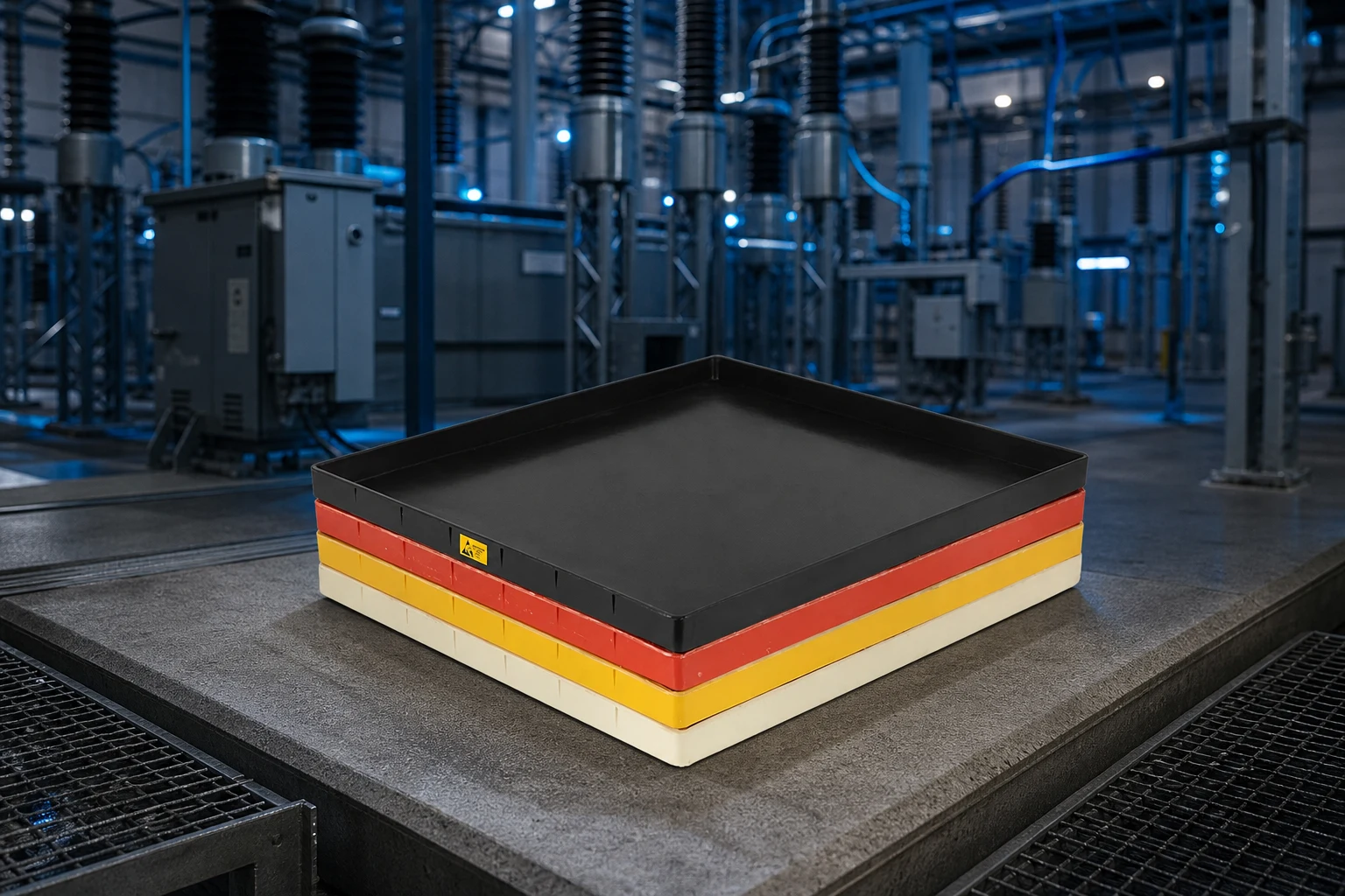 ESD Tray for SMT — Sanwei official product with illustrative industrial background (not a real site photo)