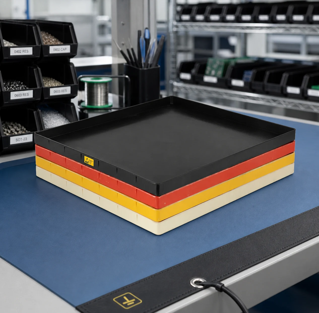 ESD tray concept for PCB line-side staging
