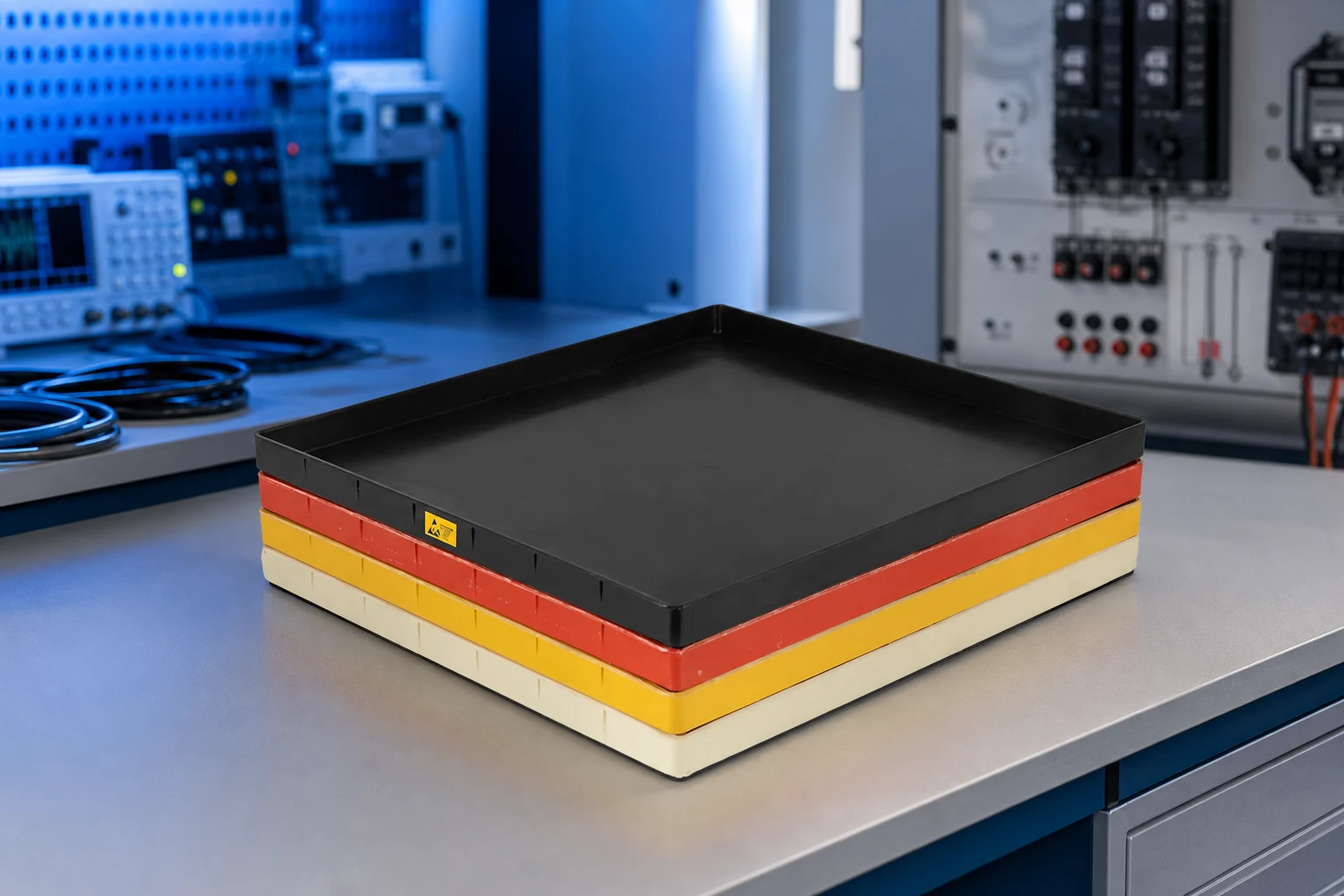 Sanwei esd_tray — official product photo with illustrative scene background (not a real site photo)