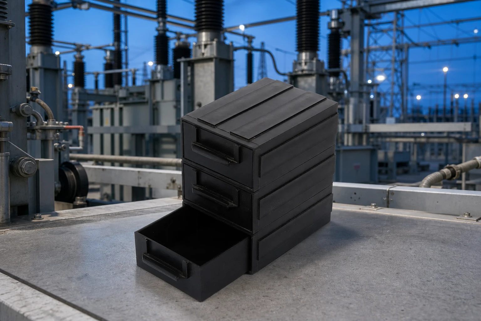 Stackable Drawer ESD Bin — Sanwei official product with illustrative industrial background (not a real site photo)