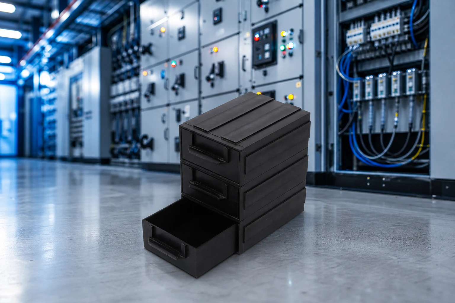 Stackable drawer ESD bin modular staging concept illustration (not a product photo)