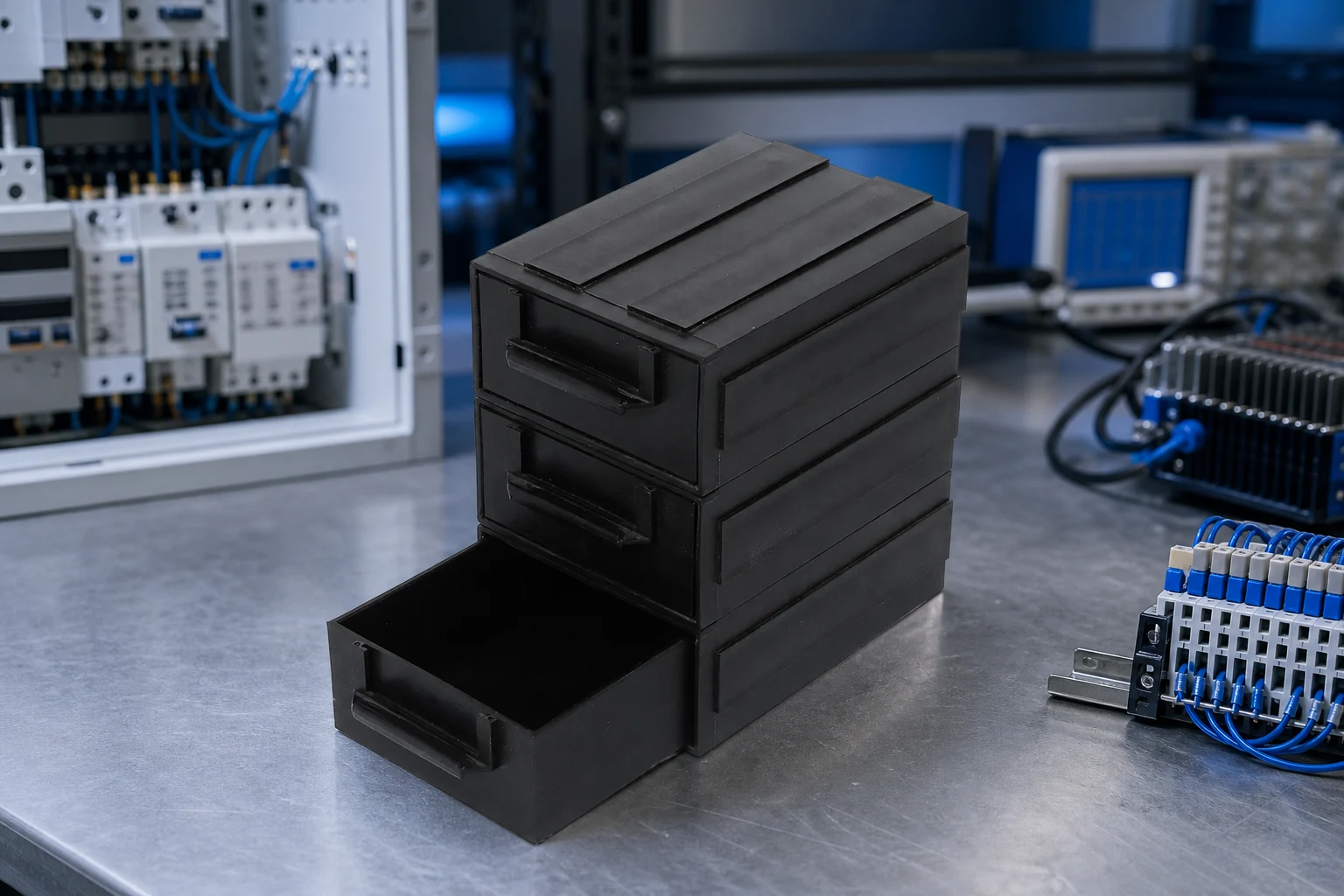 Stackable drawer ESD bin column staged beside an assembly workstation