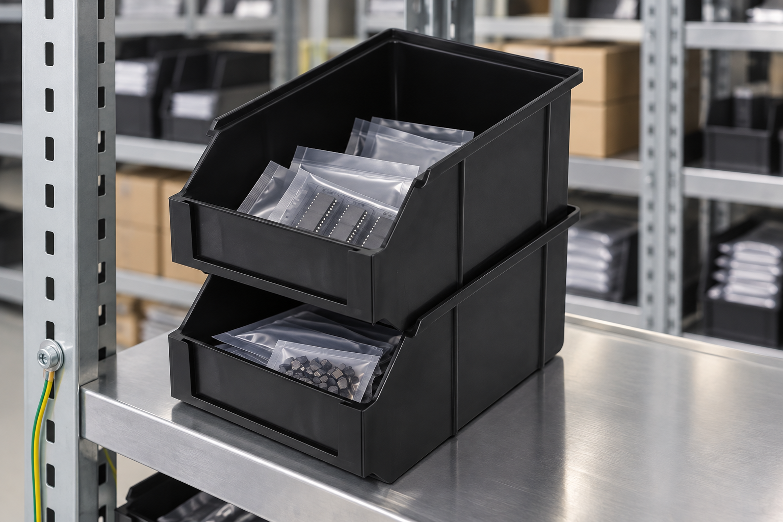 Black front-opening ESD bins in separate shelf locations with blank location cards