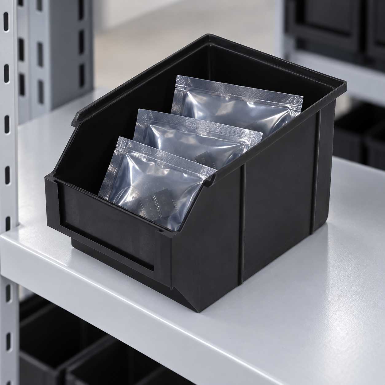 Black front-opening ESD bin holding sealed component pouches on a warehouse shelf