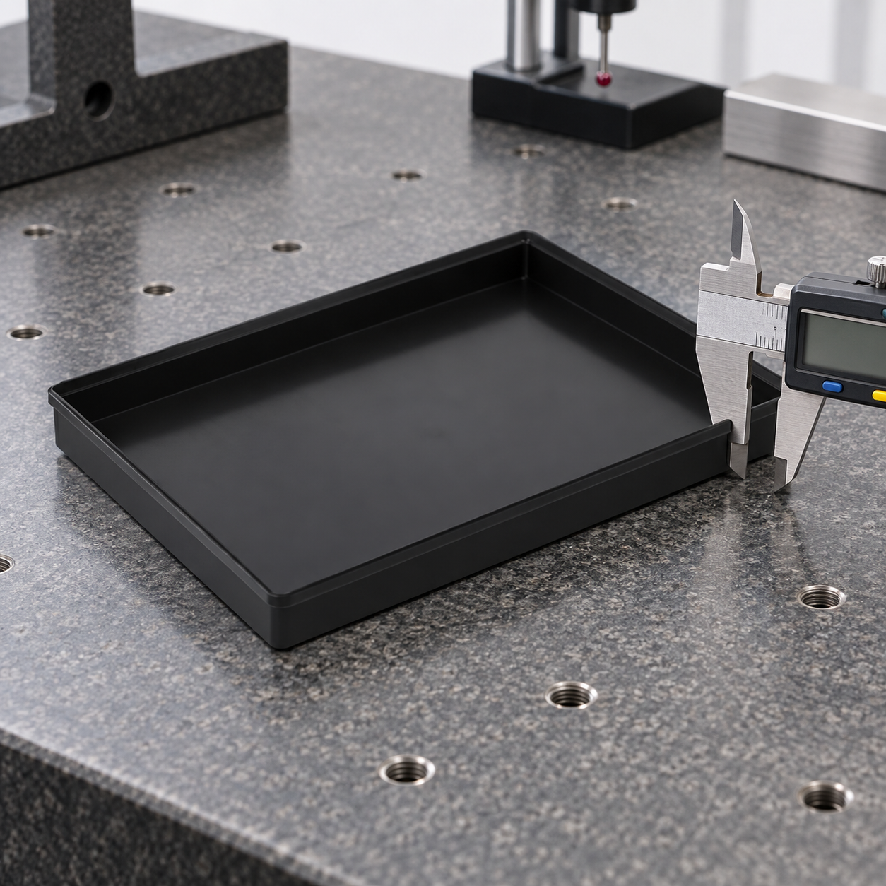 Shallow black ESD tray inspected at its rim with a caliper