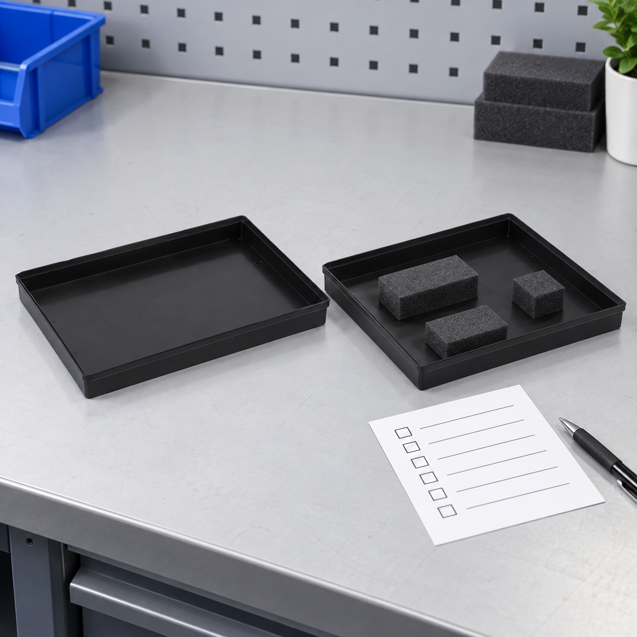 Two black shallow ESD trays used for a fit trial with neutral test blocks