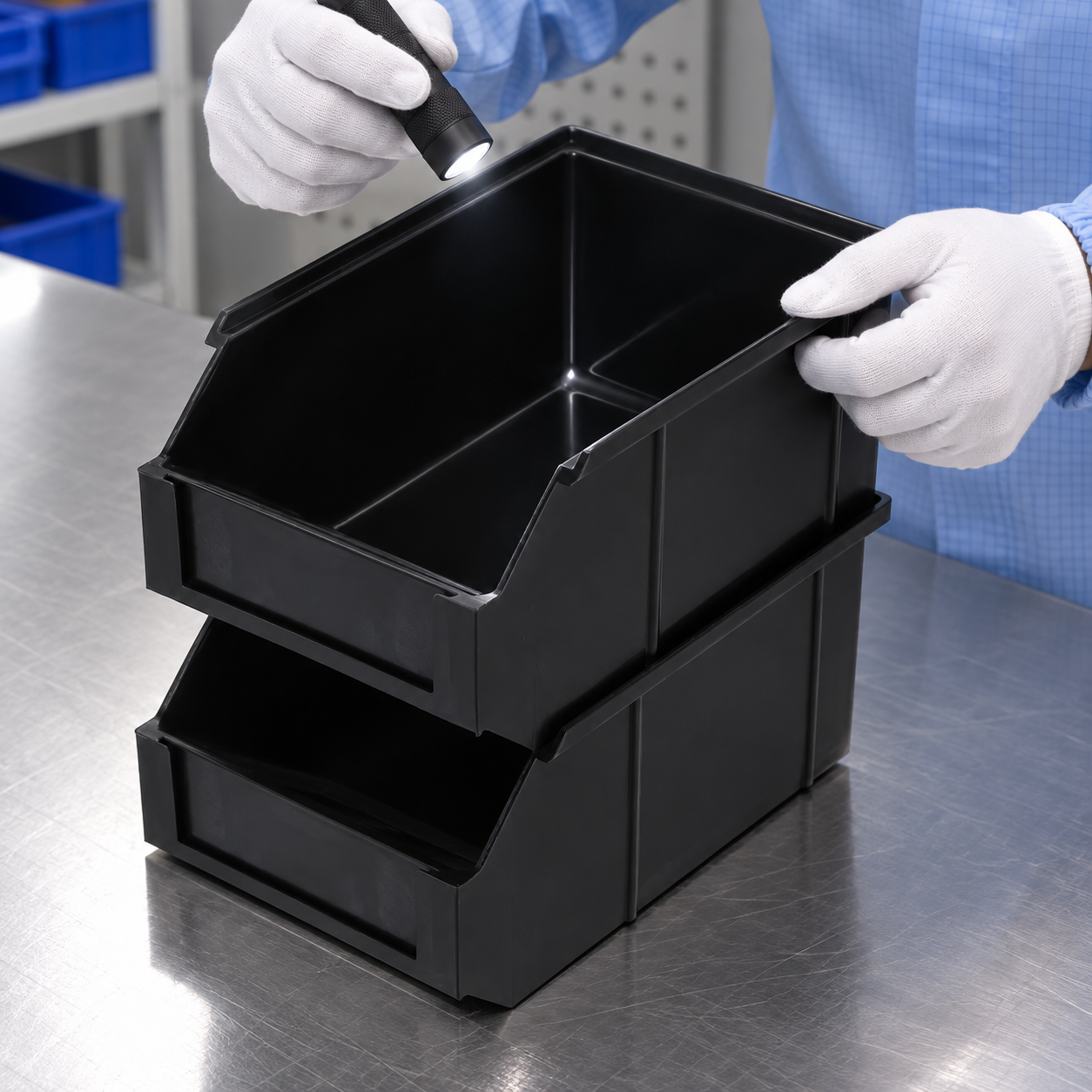 Gloved technician inspecting the interior and rim of an empty black front-opening ESD bin