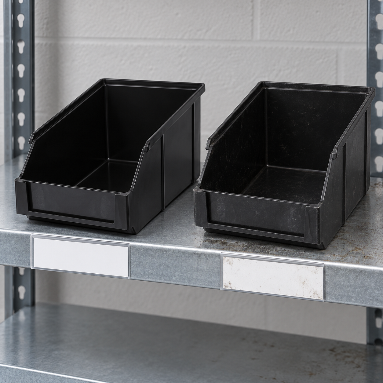 Clean and used black front-opening ESD bins staged in separate shelf positions
