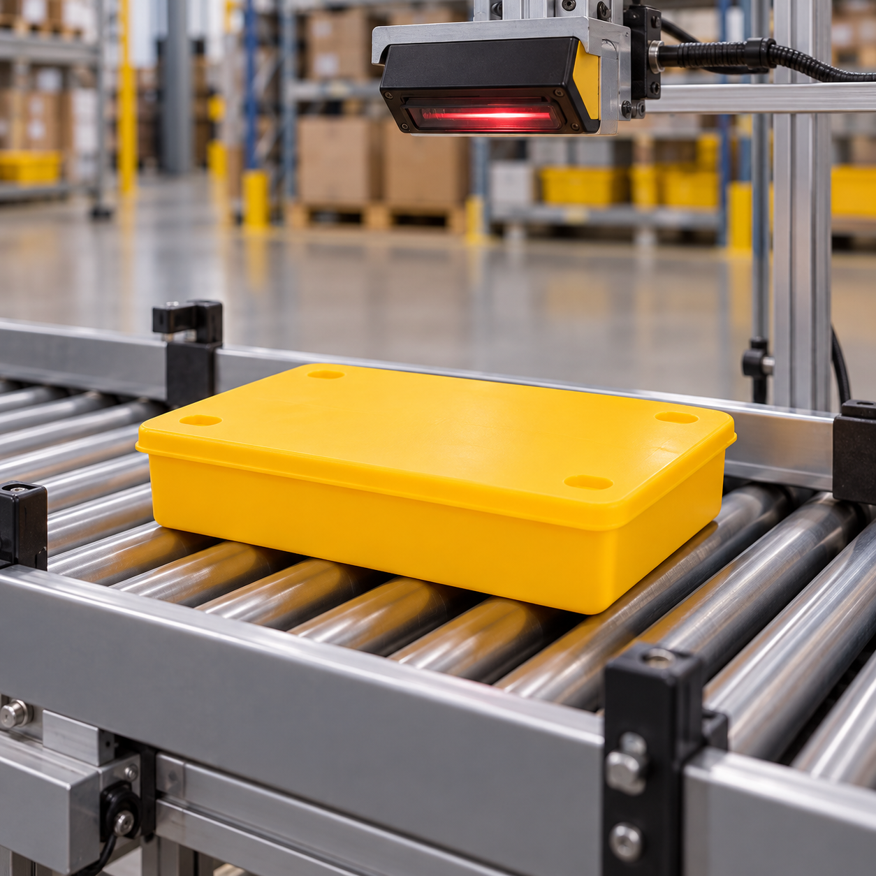 Yellow lidded ESD bin on a conveyor test section beneath an overhead reader