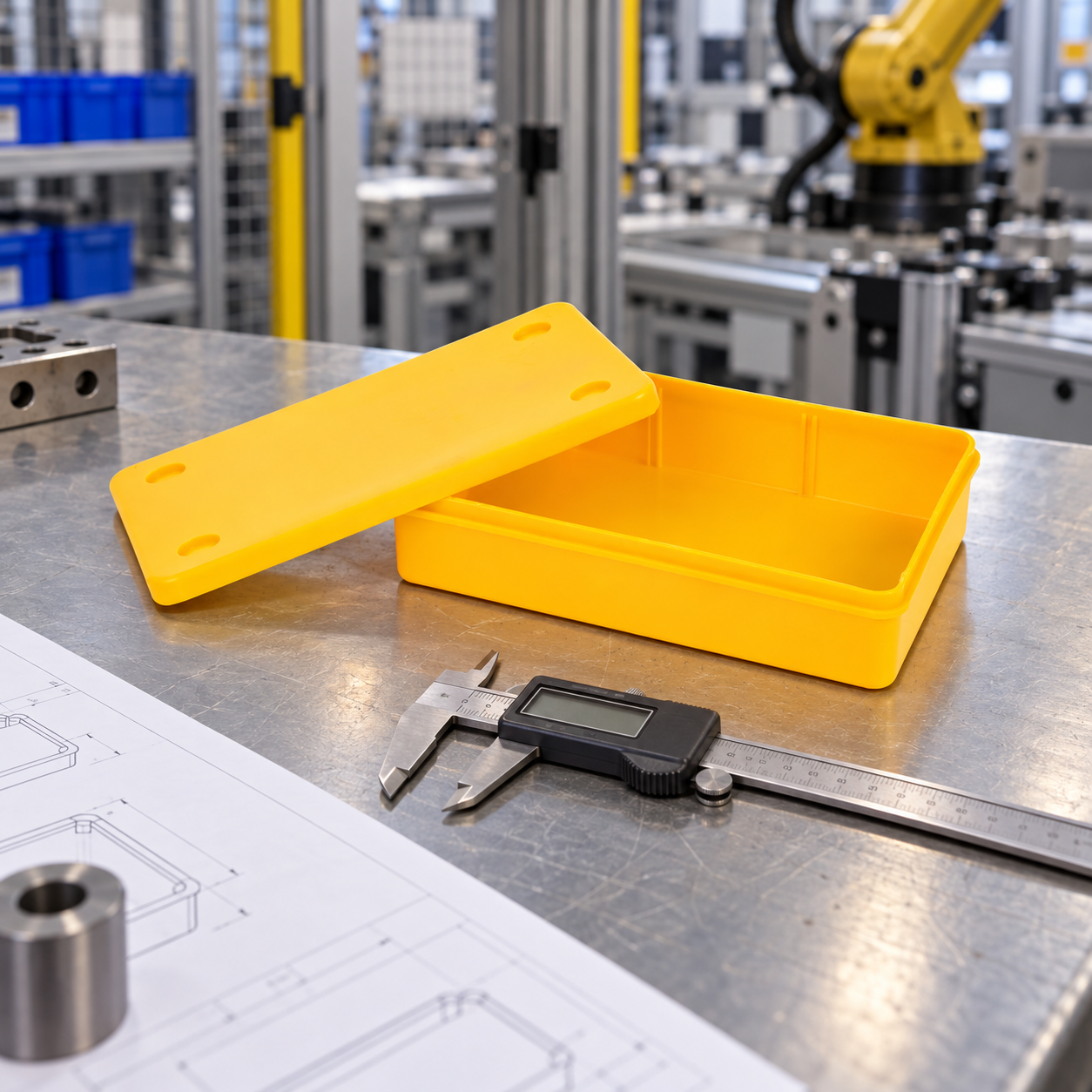 Yellow lidded ESD bin and removable lid beside a caliper for envelope review