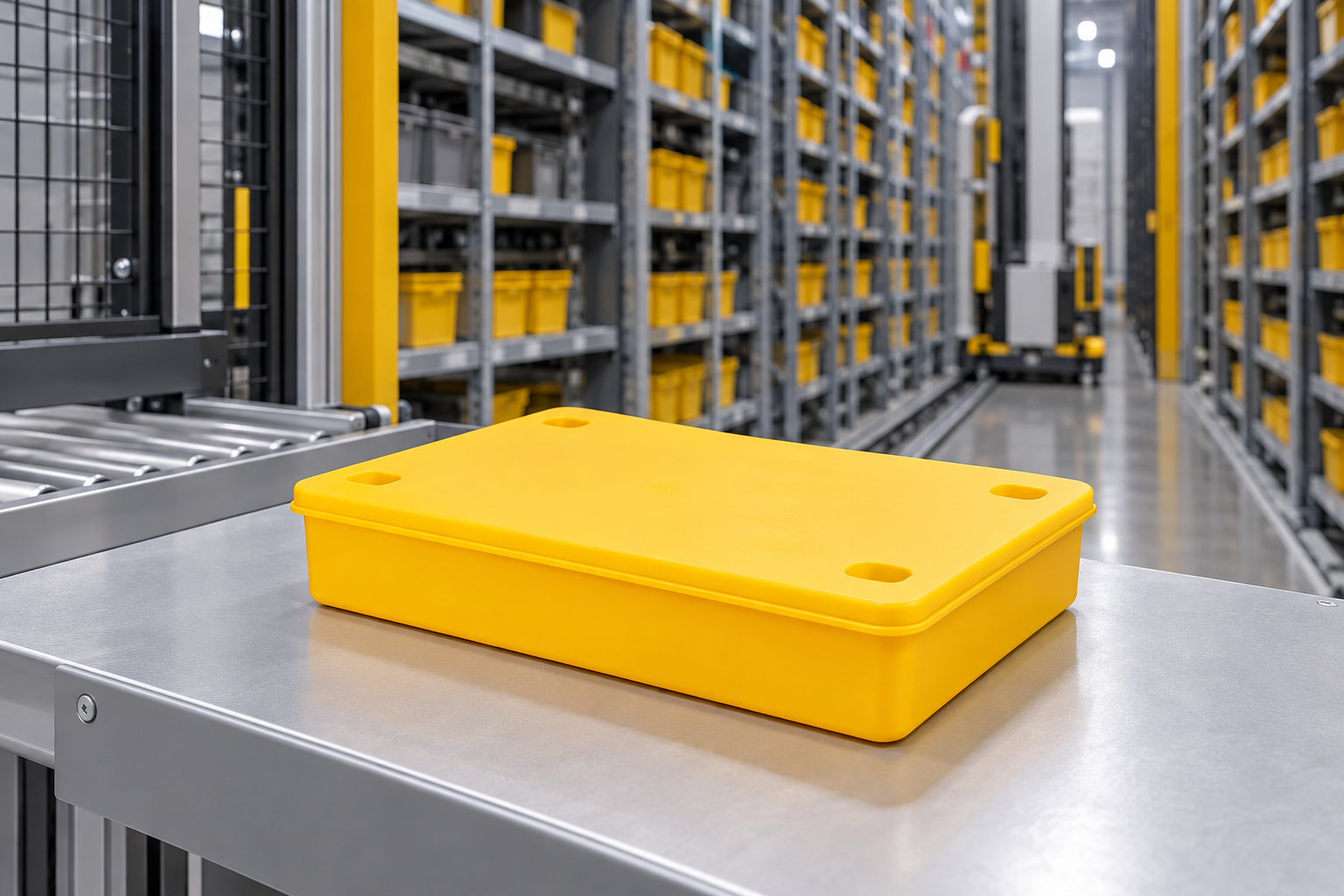 Closed yellow ESD bin on a test platform in an automated warehouse