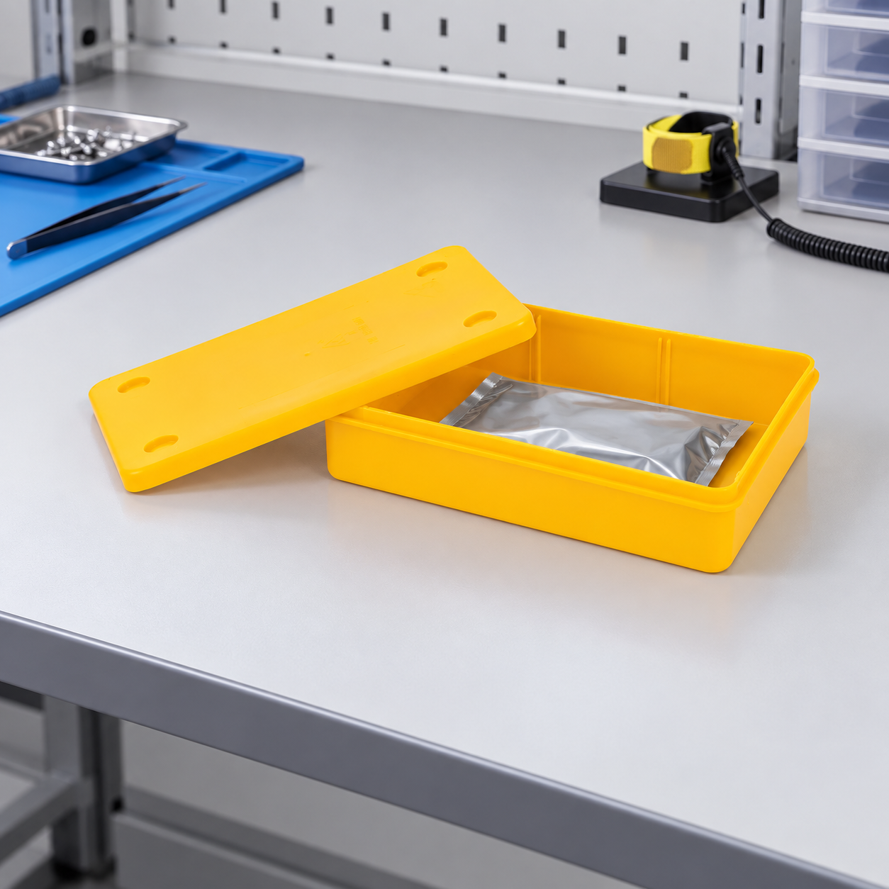 Yellow ESD bin with its removable lid raised above a sealed component pouch