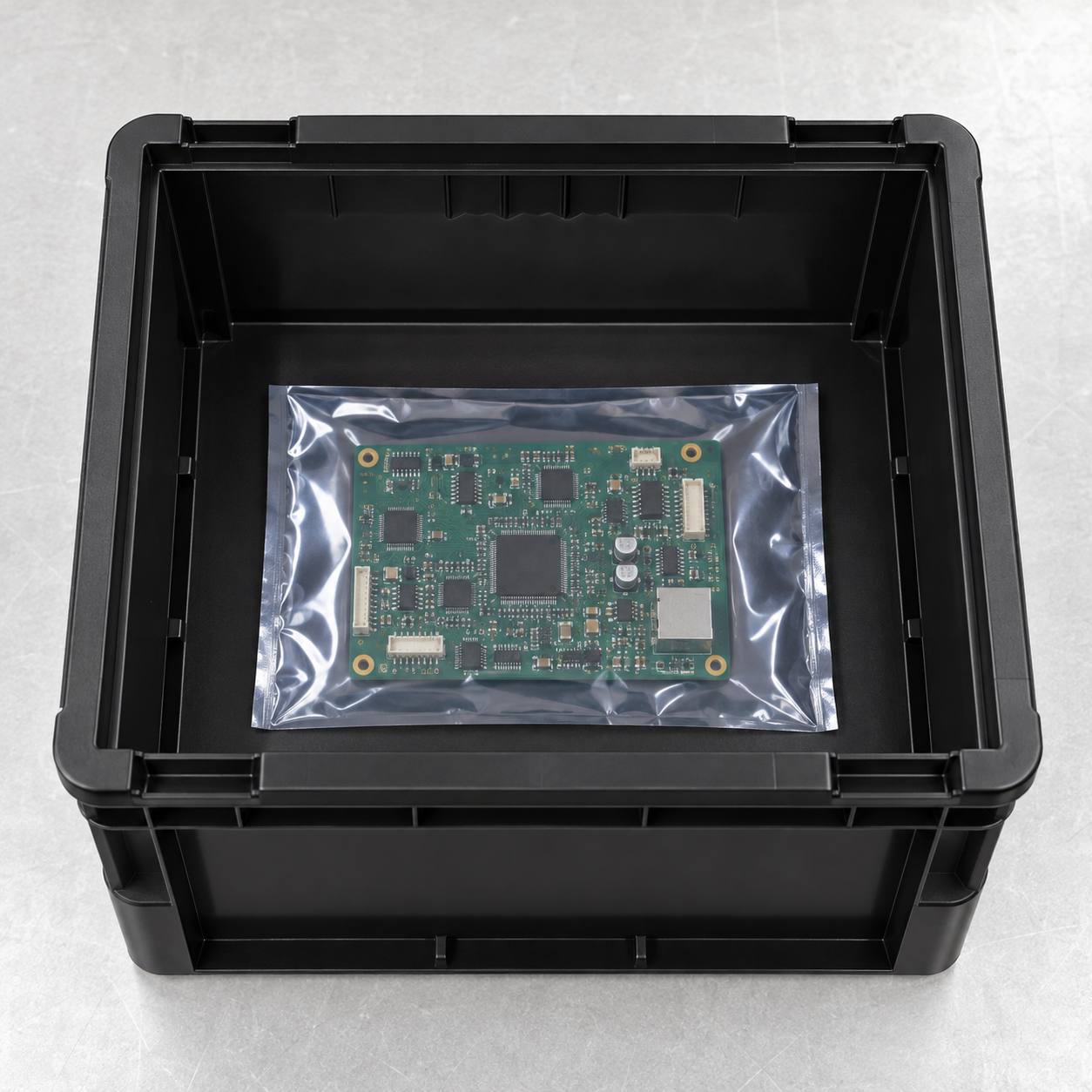 Open black ESD circulation box holding a sealed PCB assembly pouch level inside