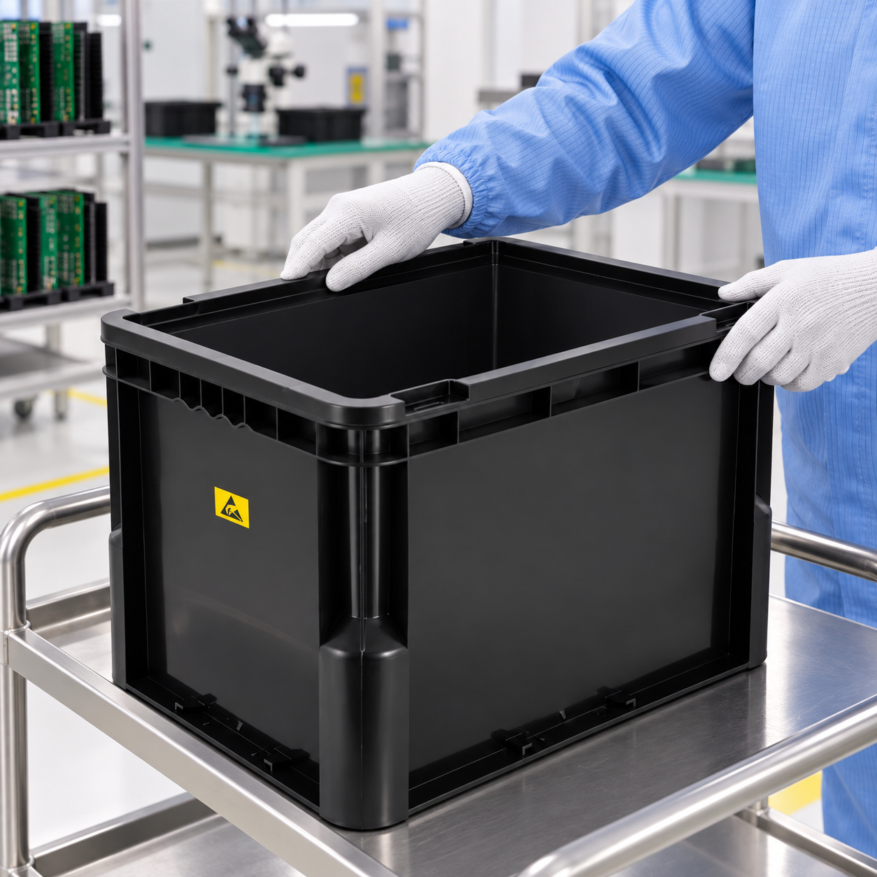 Gloved worker checking the rim of an open black ESD circulation box on a cart