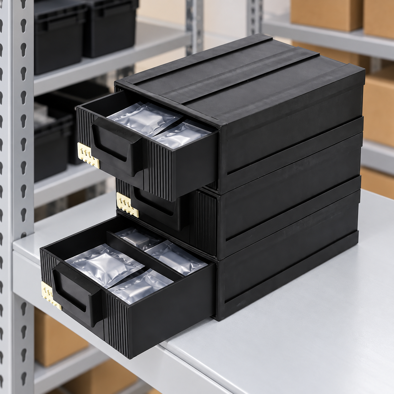 Black three-drawer ESD cabinet with top and bottom drawers partly open and sealed component pouches
