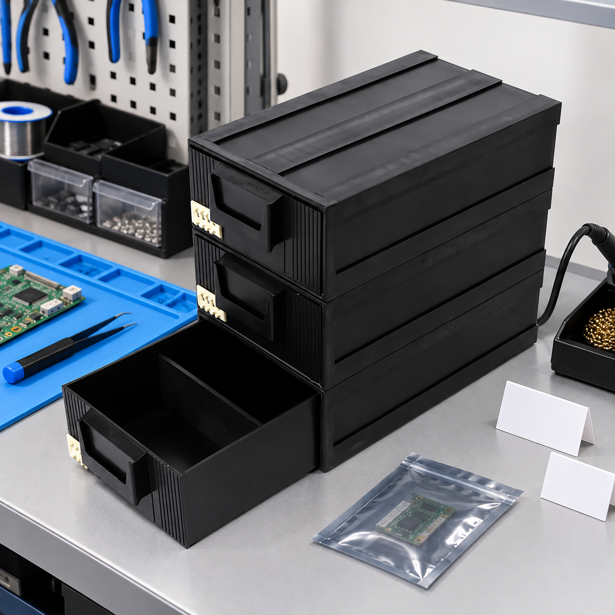 Black drawer-style ESD cabinet beside blank station location cards