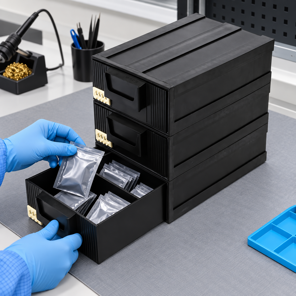 Black ESD drawer cabinet with a gloved technician placing sealed component pouches in an open drawer
