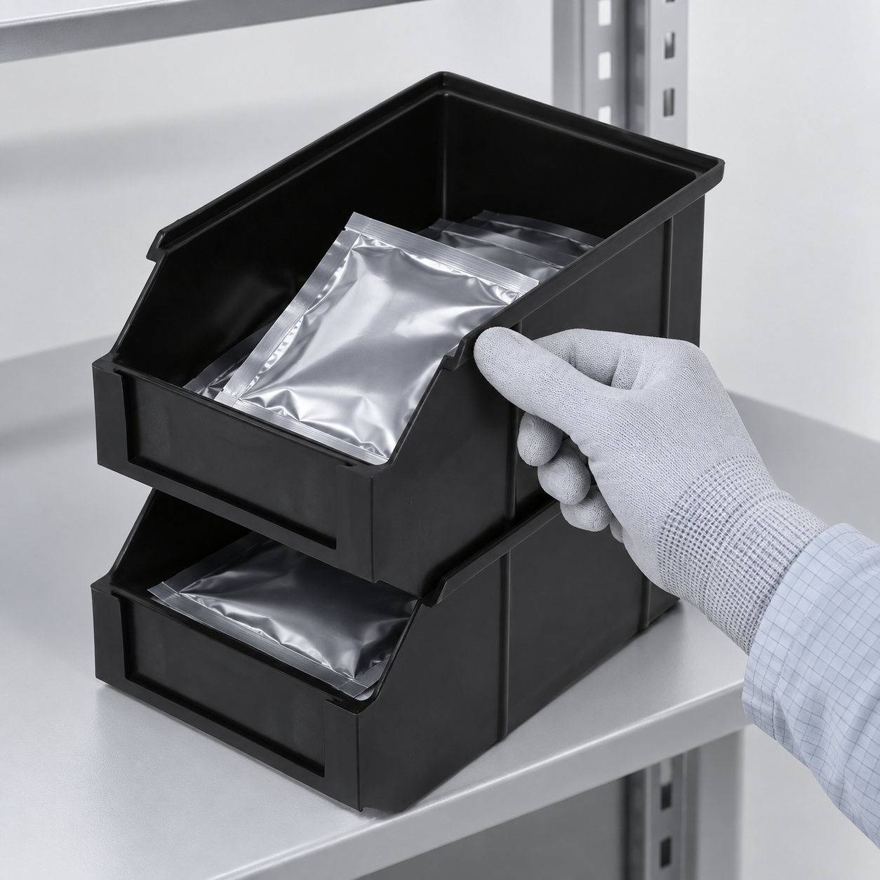 Gloved operator removing a sealed pouch through the front of a black ESD picking bin