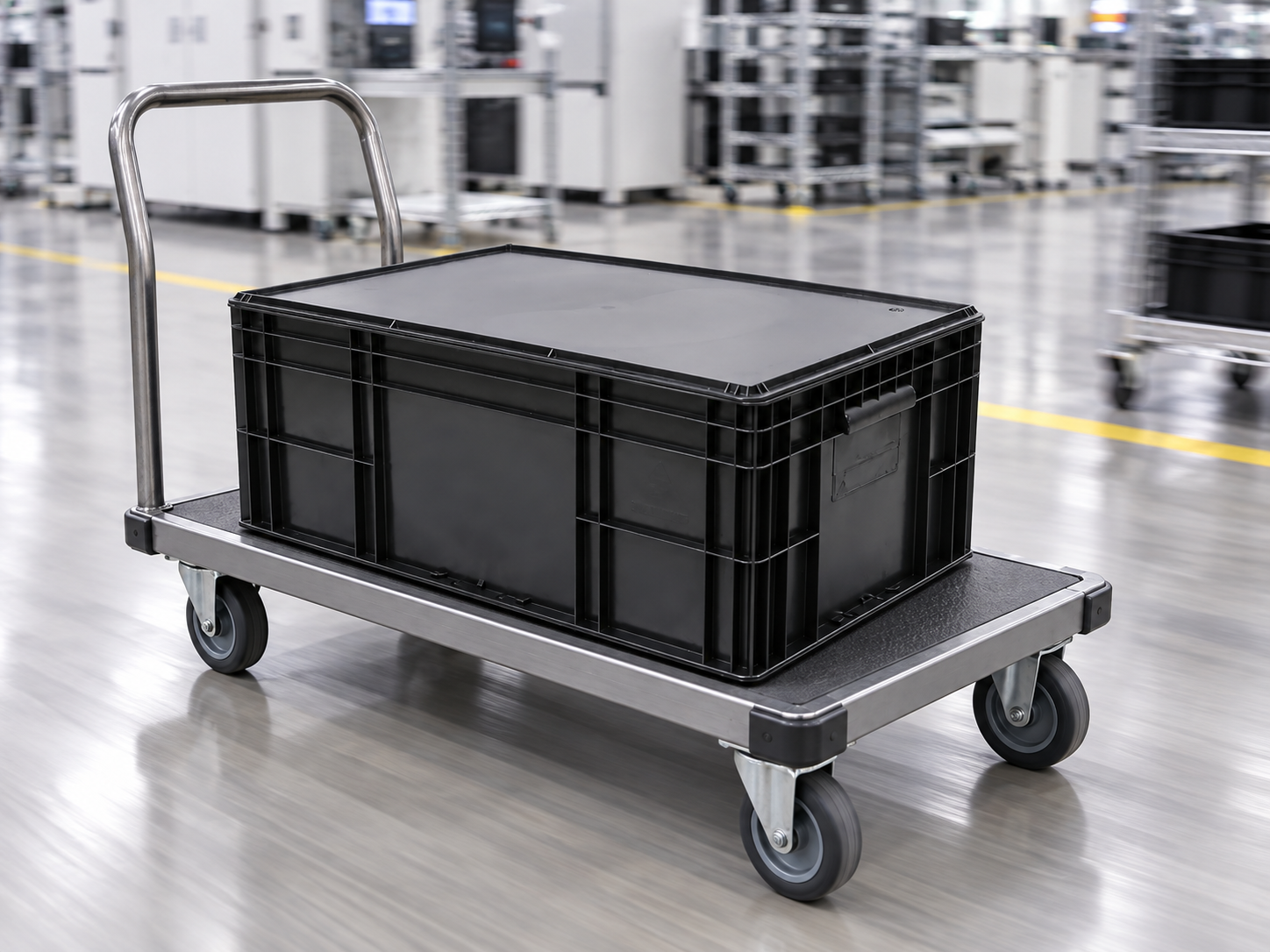 Black lidded ESD tote on a warehouse transfer cart