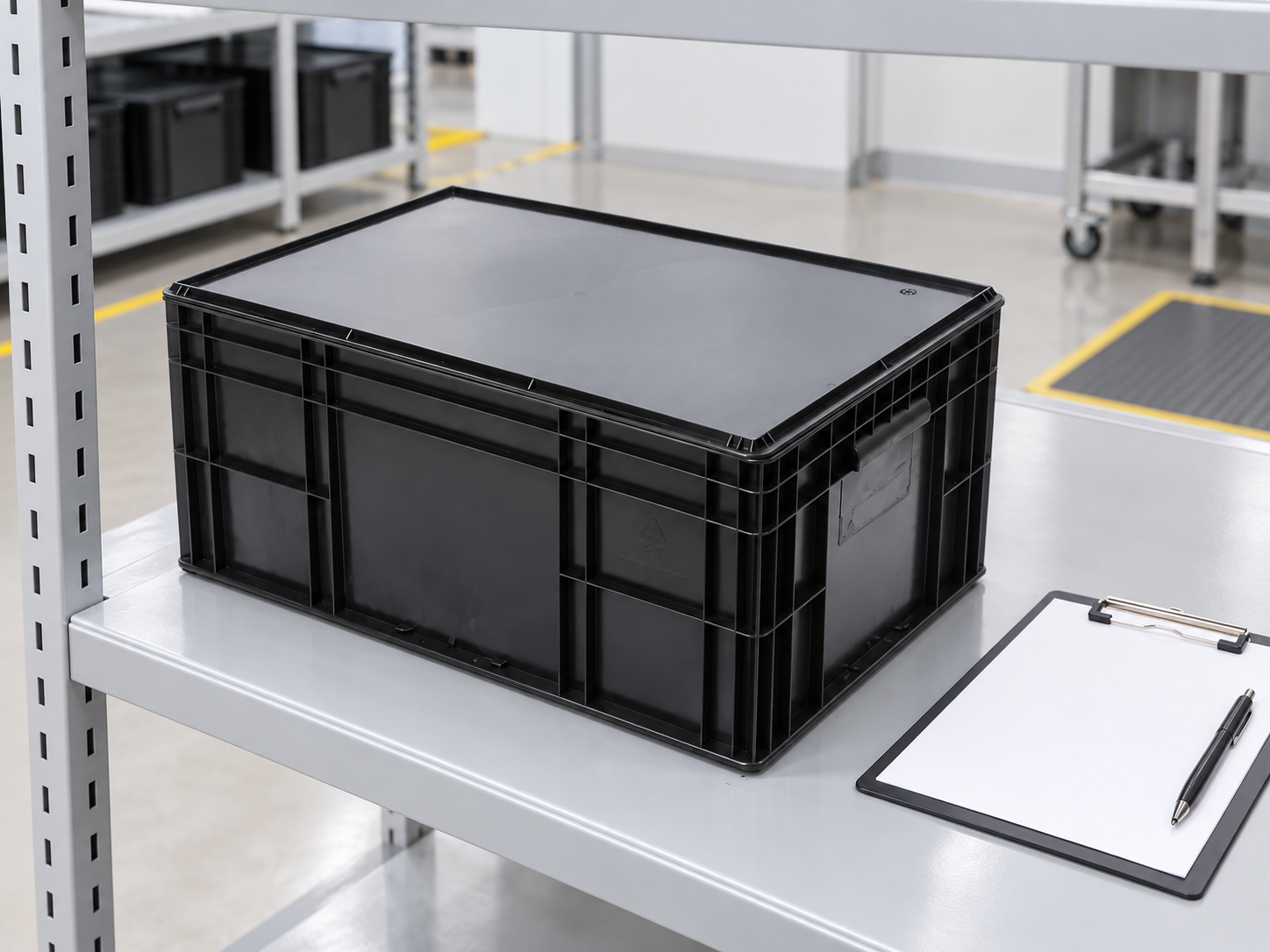 Black lidded ESD storage tote beside a blank inspection clipboard