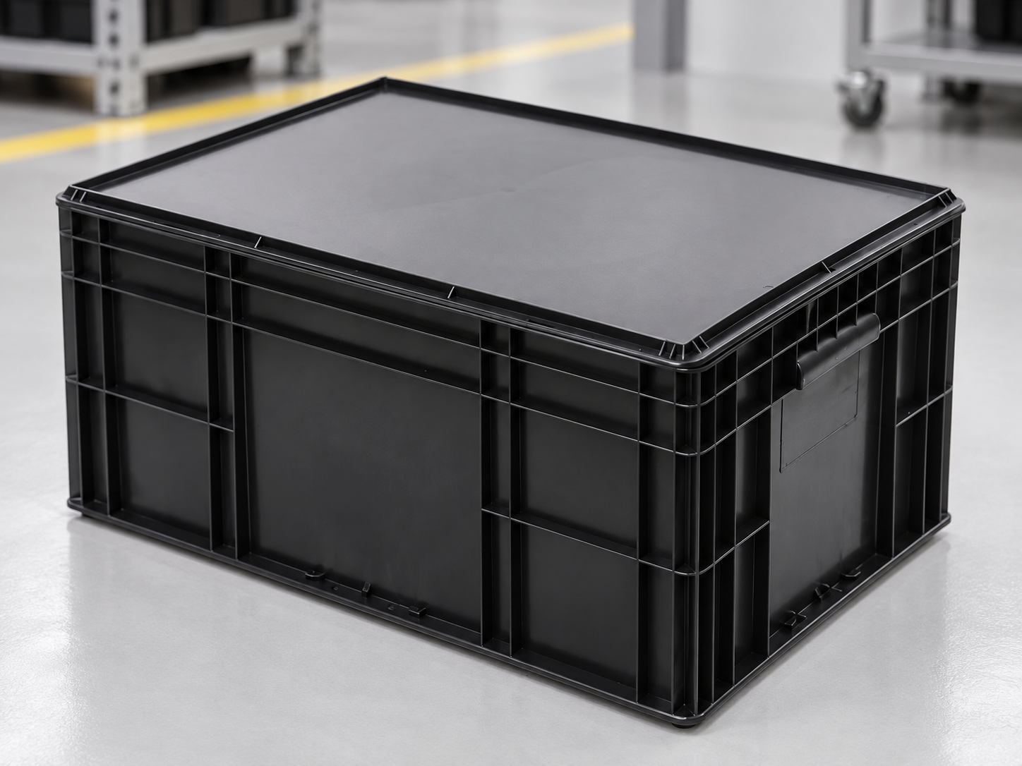 Close view of the lid, ribs and handle area of a black ESD storage tote