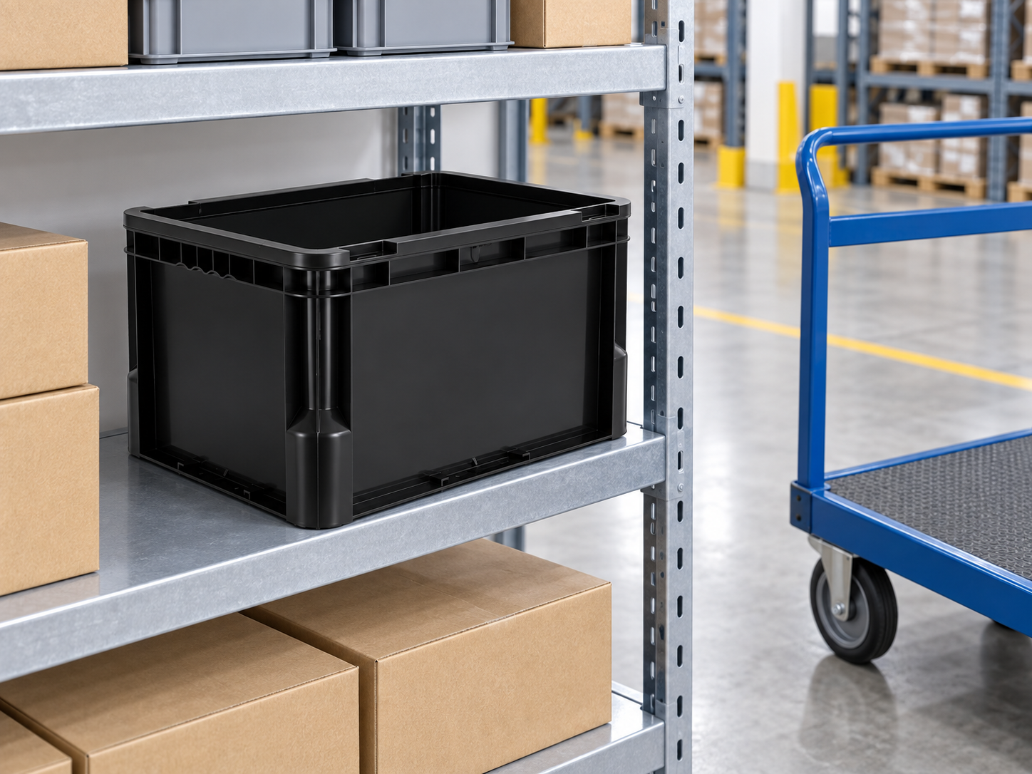 Open black ESD tote on a storage shelf beside a warehouse cart