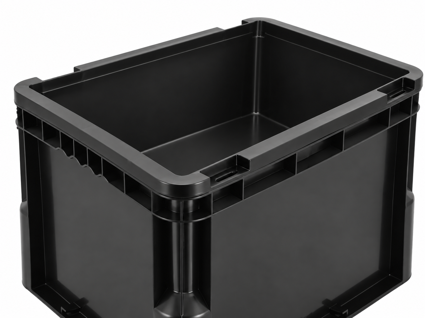 Close view of the rim and usable interior of an open black ESD tote