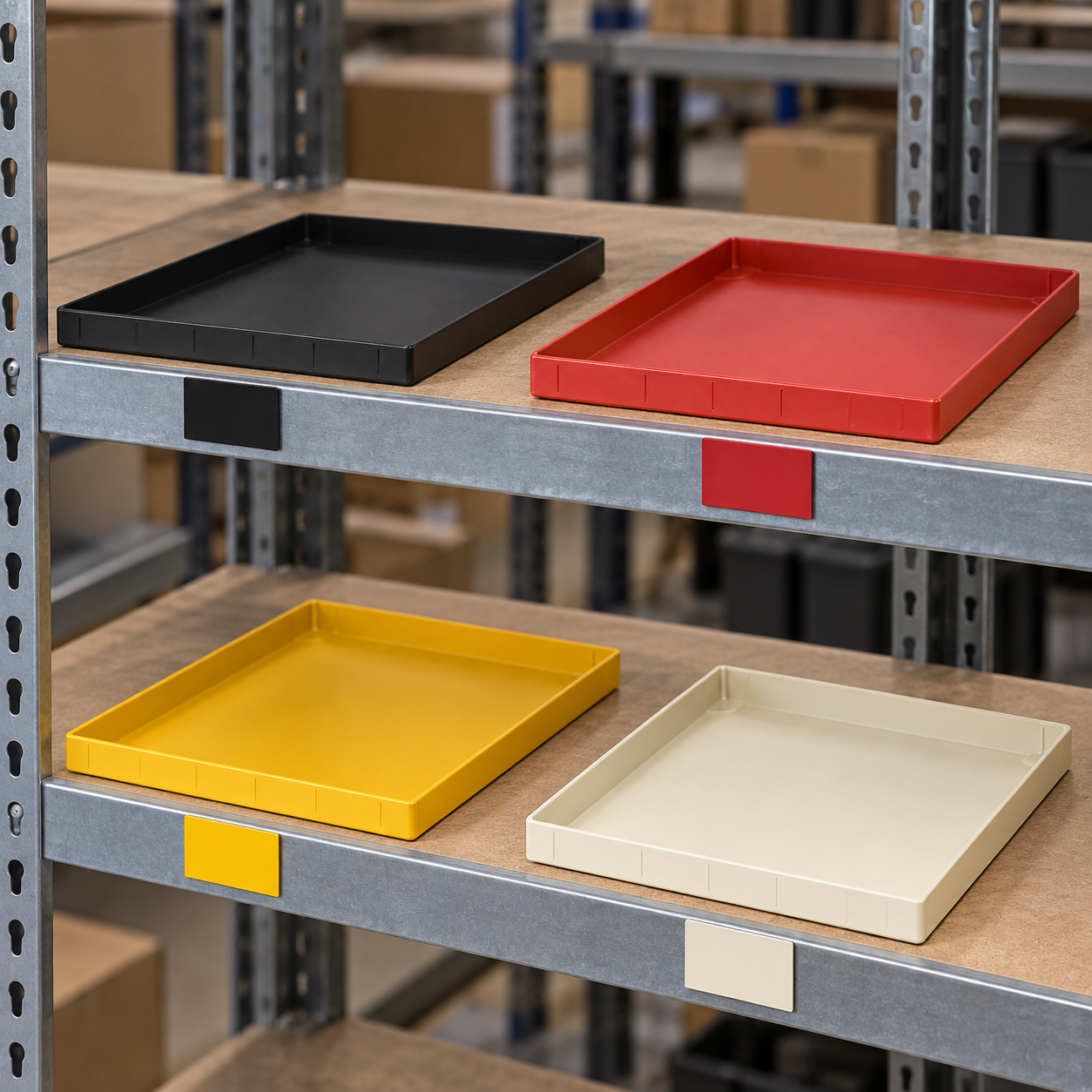 Black, red, yellow and cream ESD trays arranged on separate workflow shelf lanes