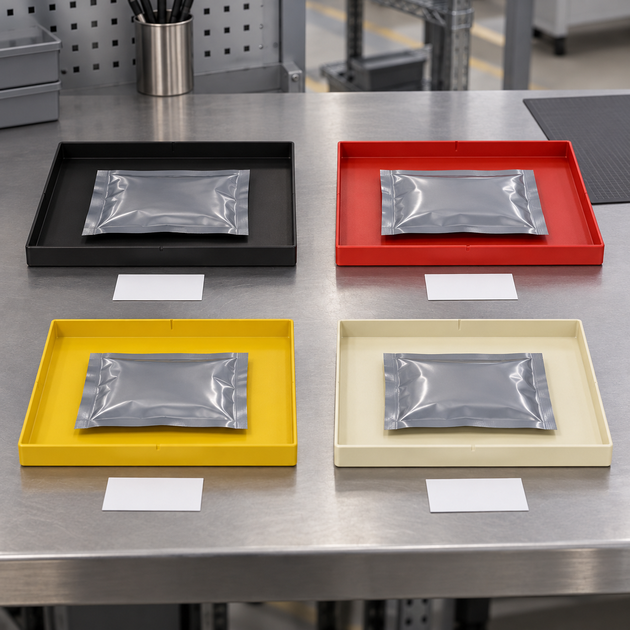 Four colored ESD trays with neutral component pouches and blank traveler cards