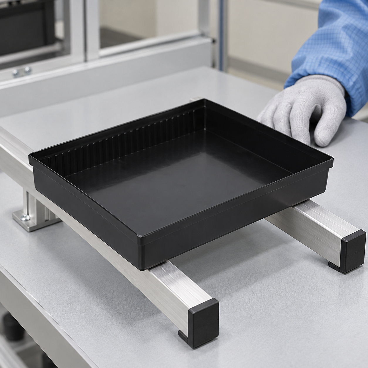 SWESD-style black ESD tray resting across two support rails for a representative fit check
