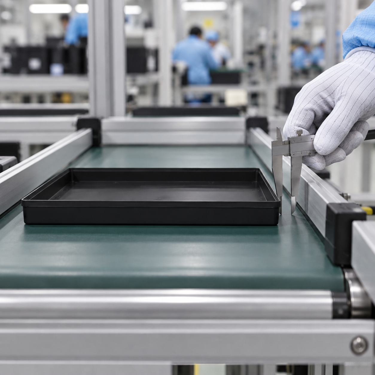 Black shallow ESD tray on a conveyor beside a guide rail and caliper