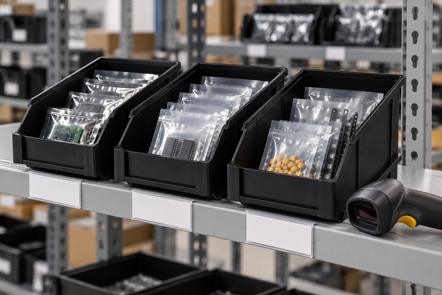 Handheld scanner reading a shelf barcode beside a black front-opening ESD bin