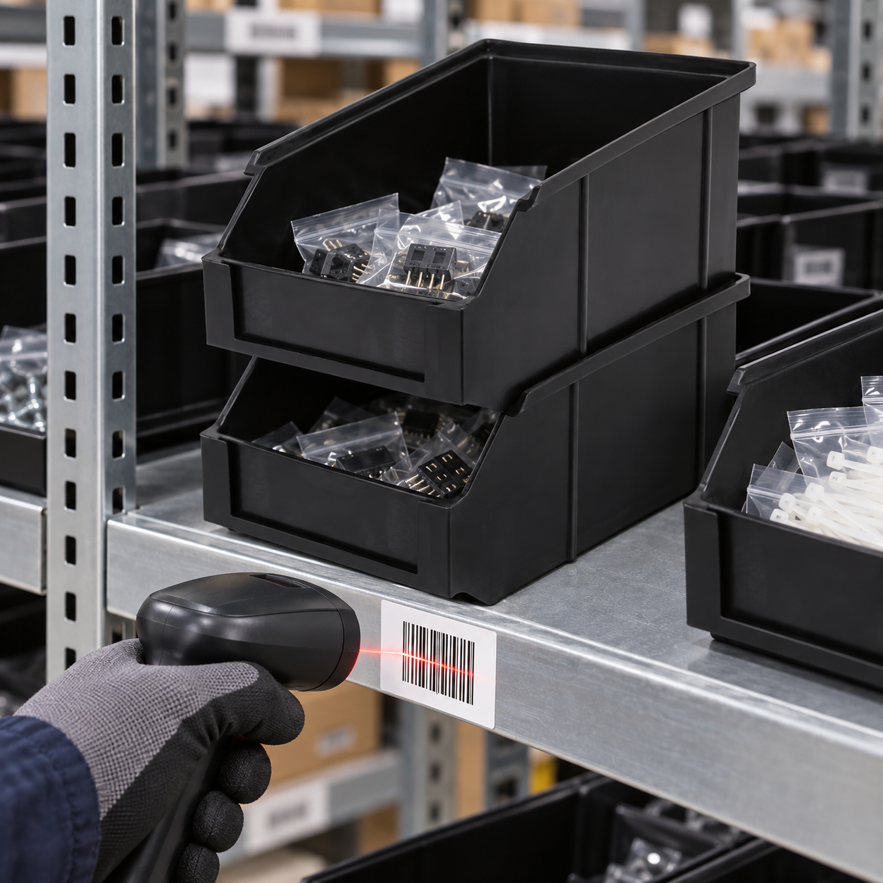 Two black front-opening ESD bins with sealed pouches kept in separate shelf positions