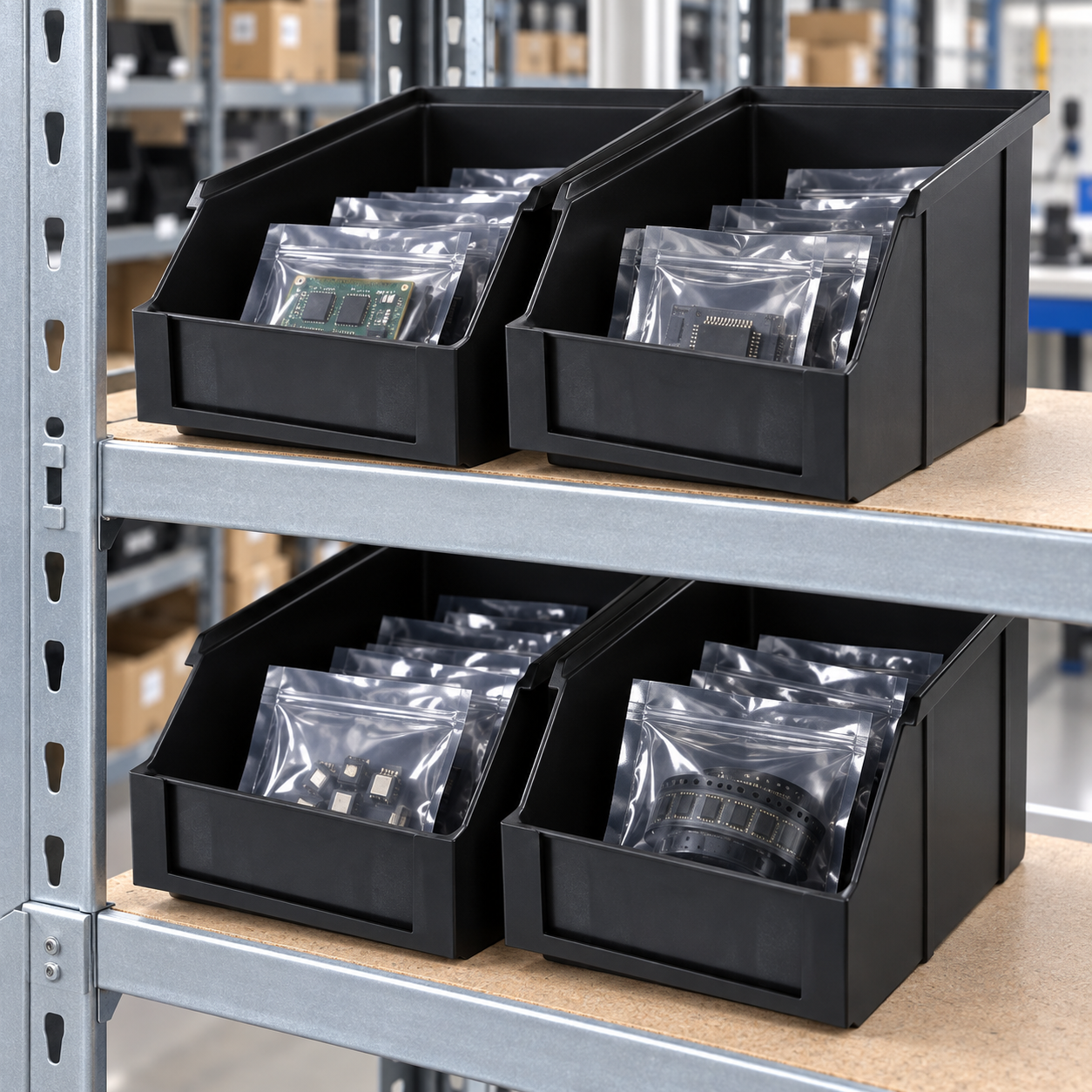 Four black front-opening ESD bins on shelves with sealed component pouches