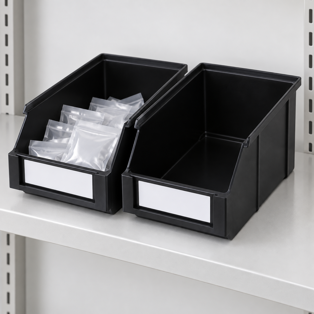 Two black front-opening ESD bins with one stocked and one empty location