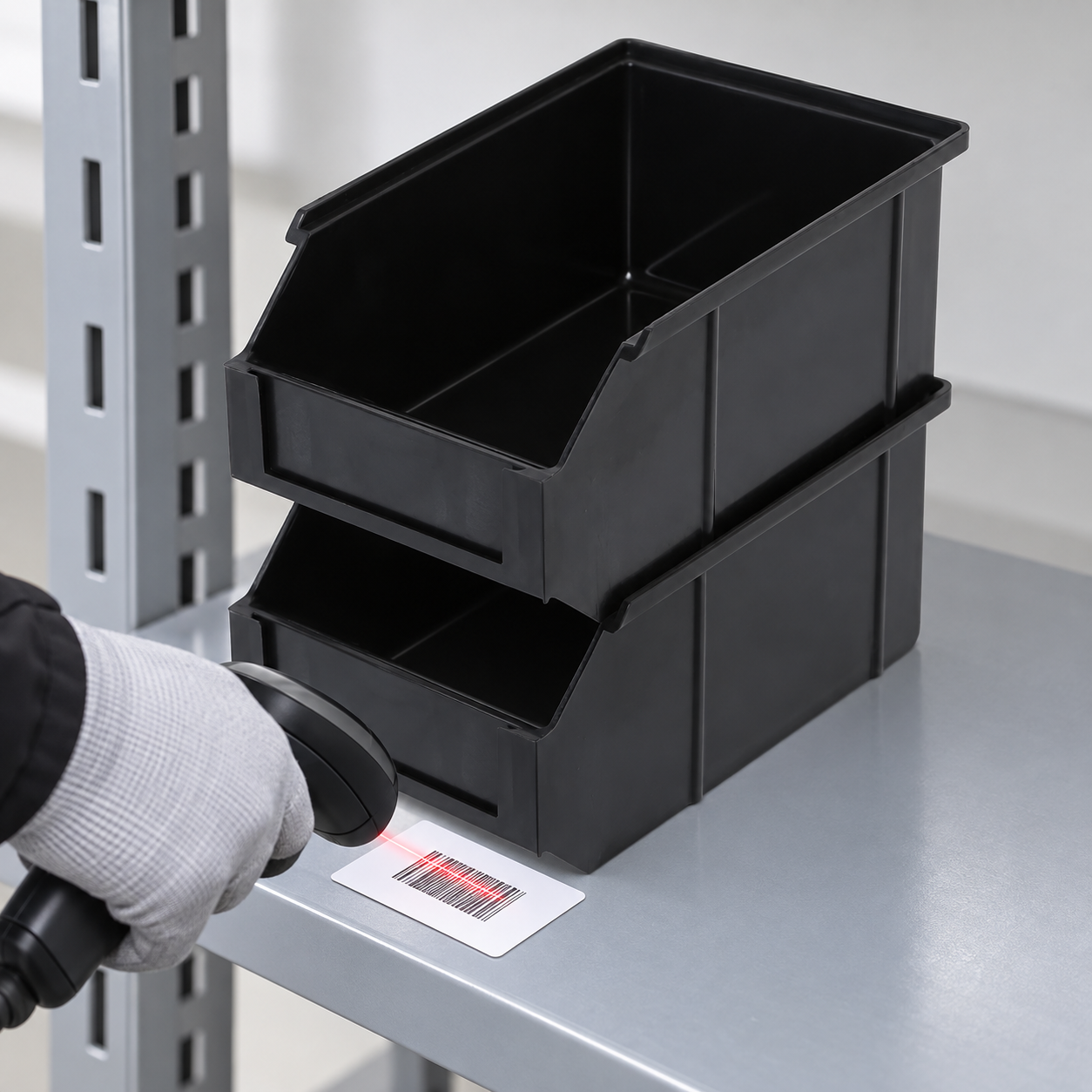 Gloved operator scanning a shelf barcode beside black front-opening ESD bins