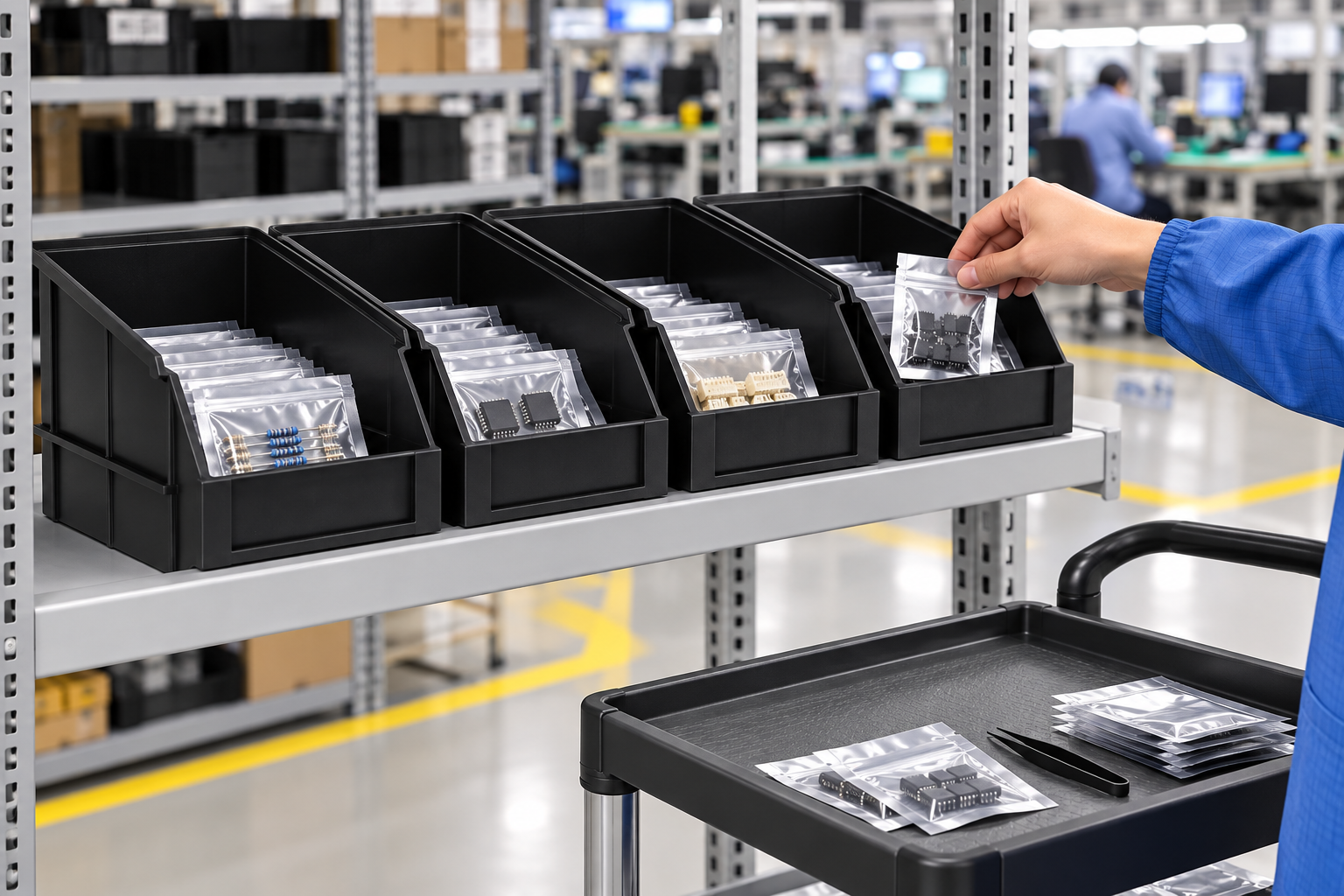 Four black front-opening ESD bins of sealed components beside a picking cart