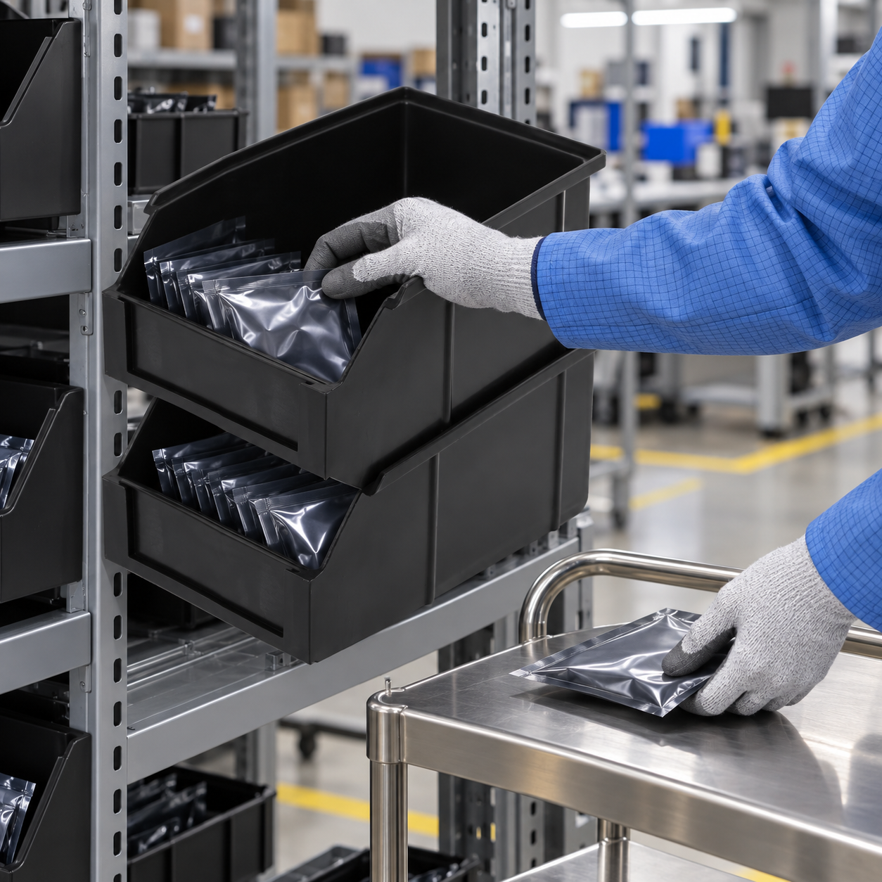Gloved worker taking a sealed component pouch from a black front-opening ESD bin