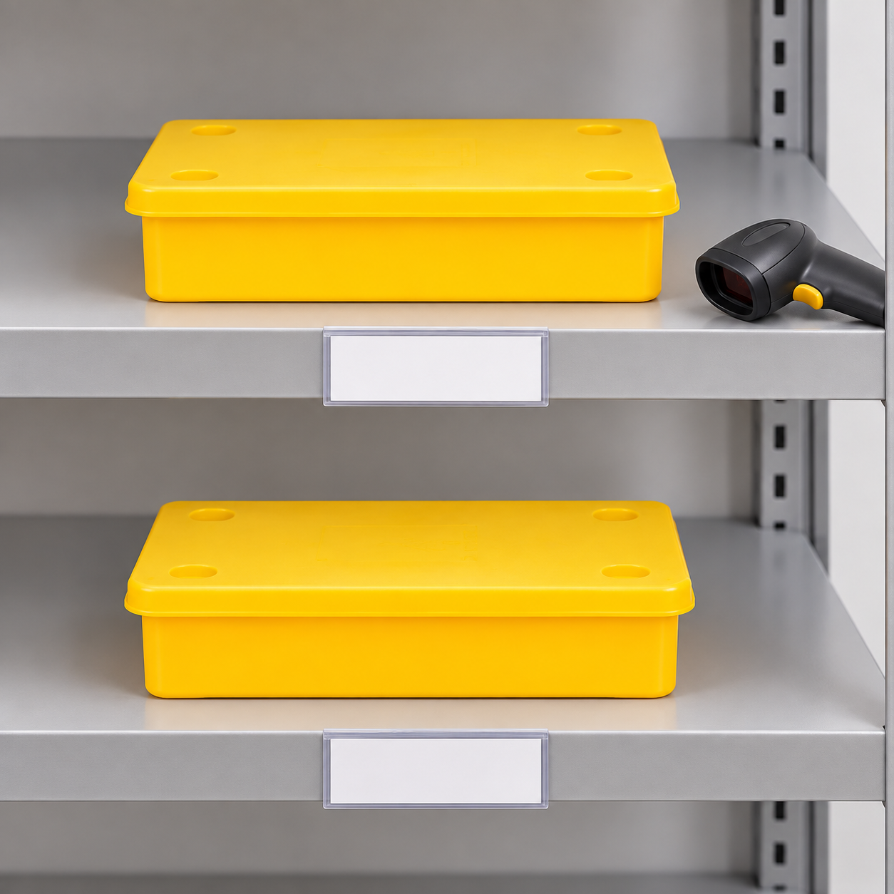 Two closed yellow ESD bins on separate warehouse shelves with blank location cards