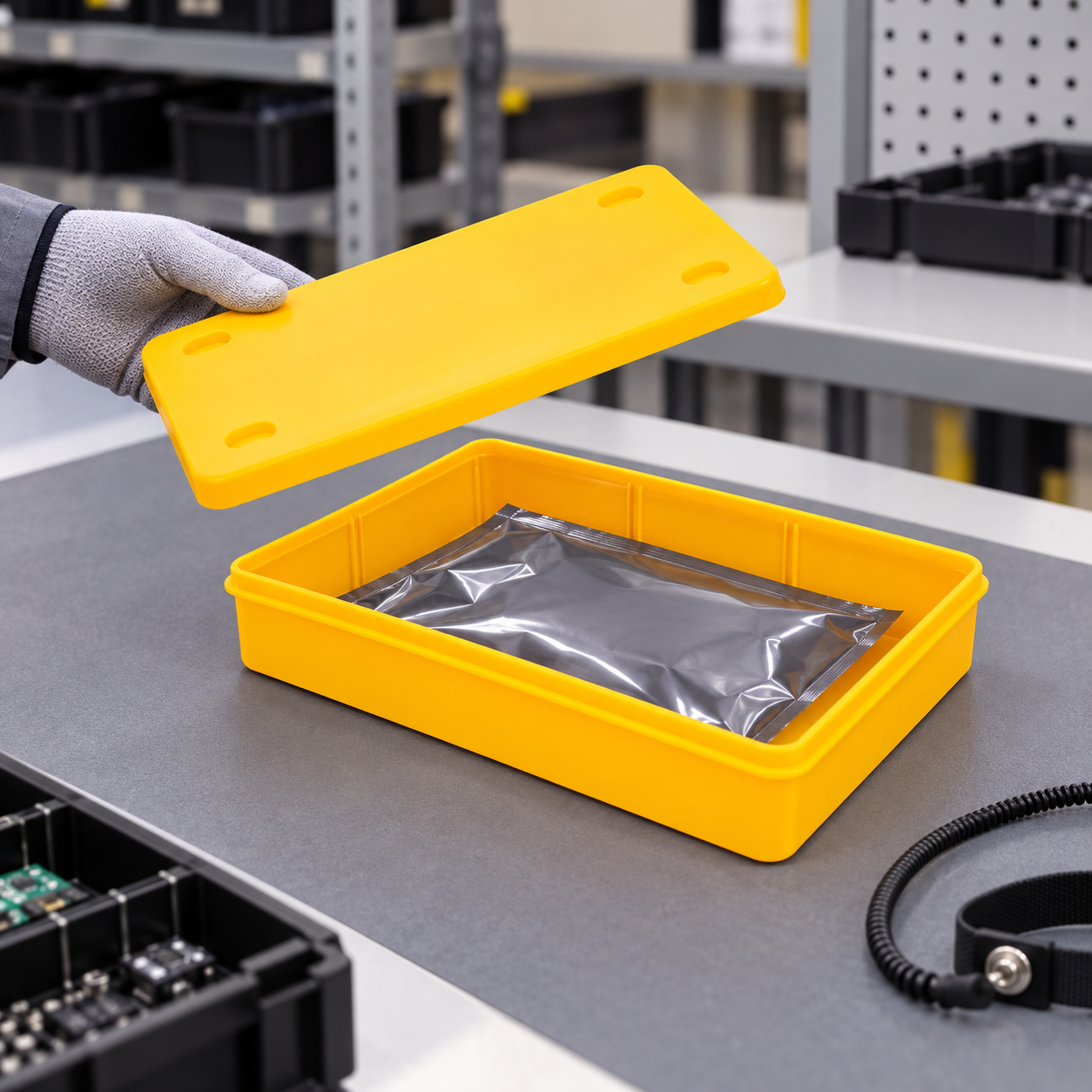 Yellow shallow ESD bin with its lid lifted above a sealed component pouch