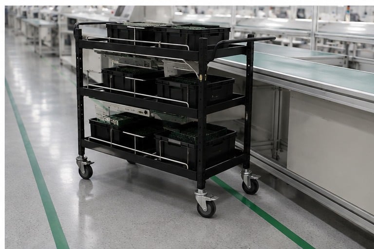 multi-layer anti-static turnover trolley application in electronics manufacturing
