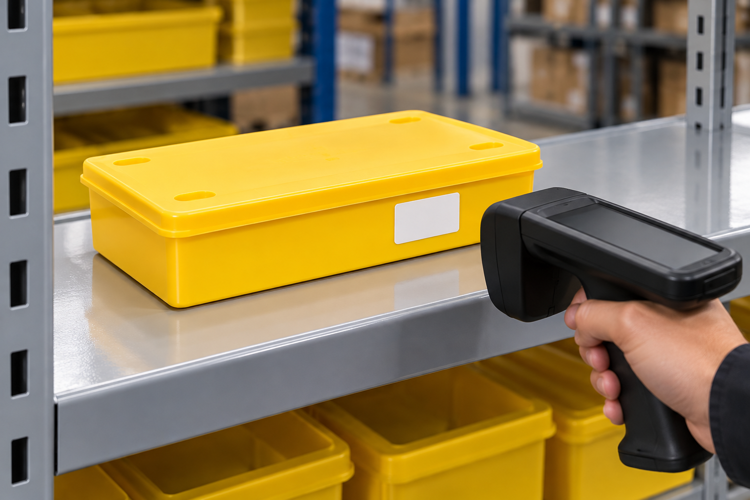 Closed yellow ESD bin with blank exterior RFID label and handheld reader