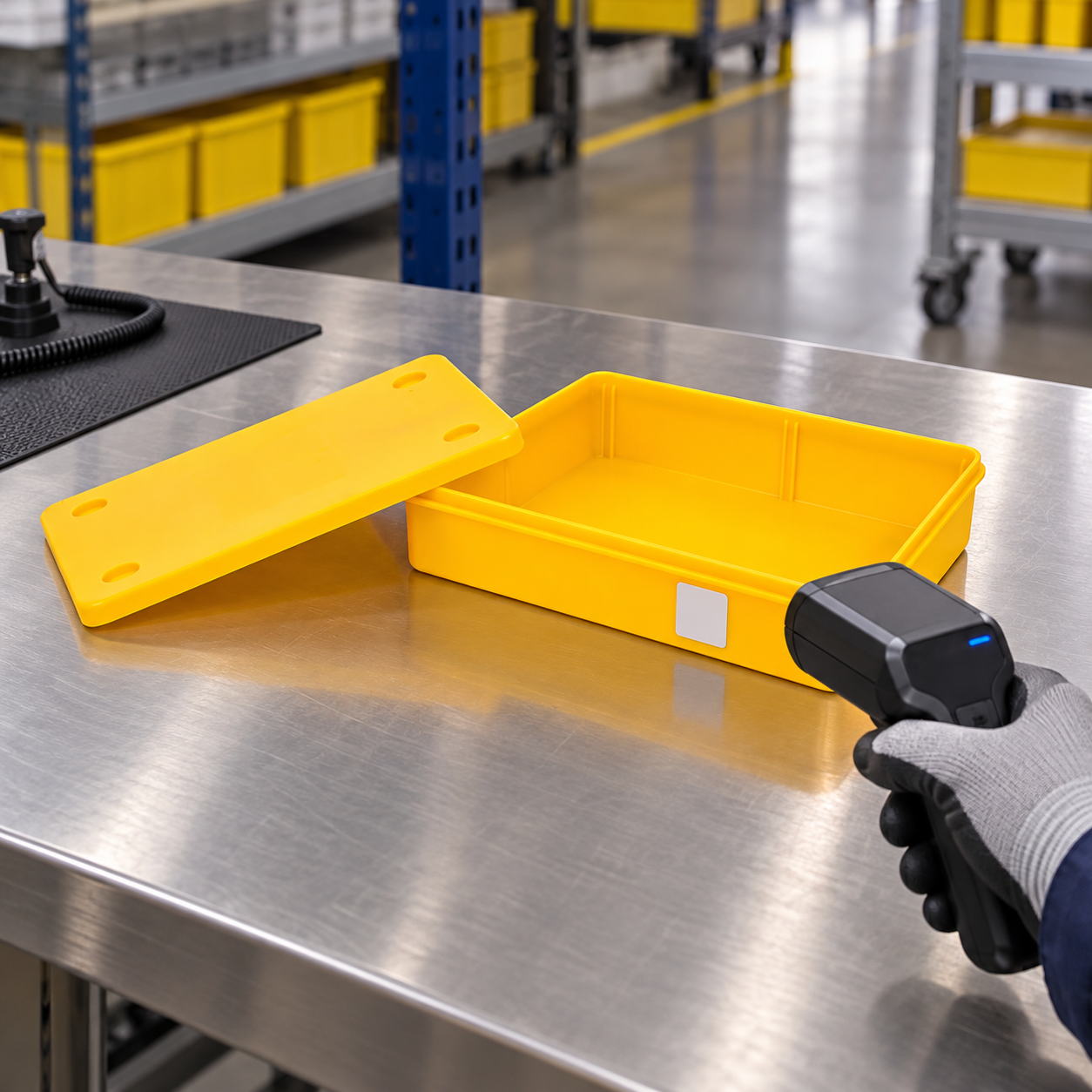Yellow lidded ESD bin with a small external blank RFID label and handheld reader