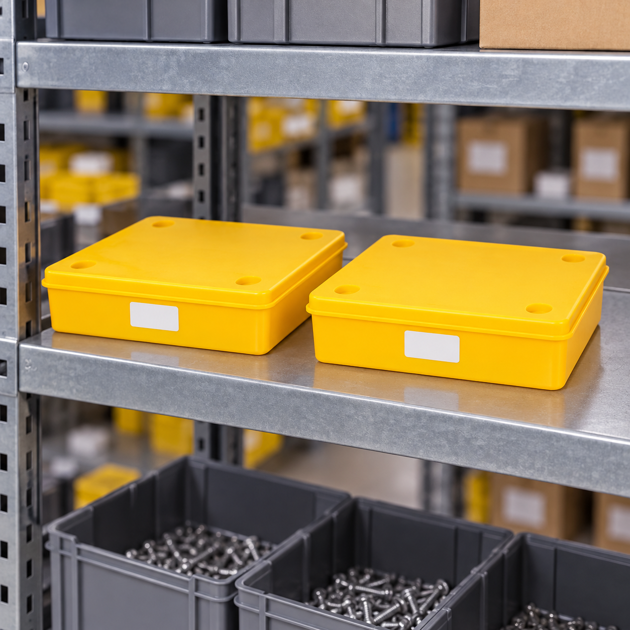 Two closed yellow ESD bins in adjacent shelf positions with separate blank RFID labels